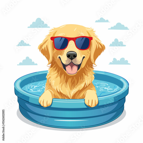 A bright vector of a golden retriever in a kiddie pool wearing sunglasses. Full of humor and summer vibes, captured in natural light with playful charm and clean detail.