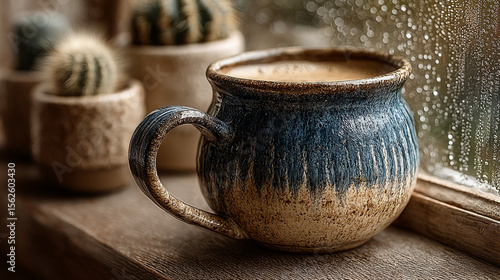 Wallpaper Mural A rustic ceramic mug filled with warm coffee sits by a rain-streaked window on a cozy day. Torontodigital.ca