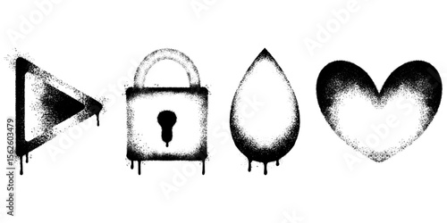Spray Paint Graffiti Icons Set. Play, Lock, Drop, Heart Symbol in Black and White.