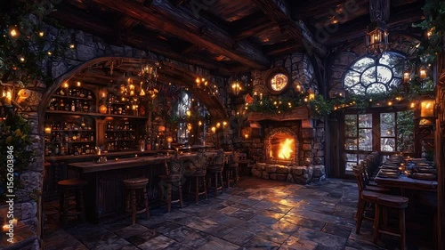 Cozy stone tavern with fireplace, bar, and festive decor