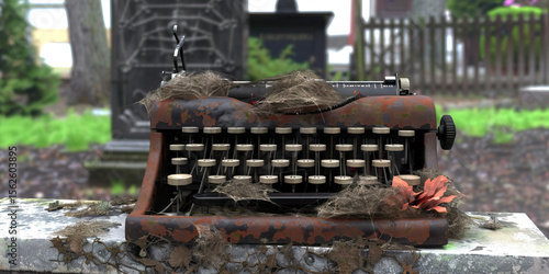 Decayed Typewriter with Cobwebs and Debris in Outdoor Setting
