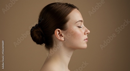 Serene Profile of a Young Woman with Freckles and Bun (1)
