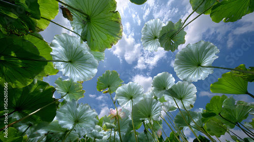 4k underwater upward shot of lotus leaves and sky background
