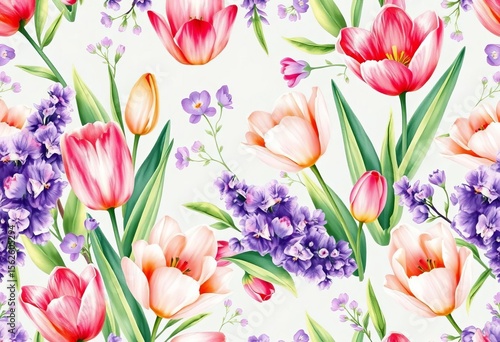Horizontal watercolor floral pattern featuring tulips and lilacs; seamless design ideal for textile, wallpaper, or fabric print, blossom, floral