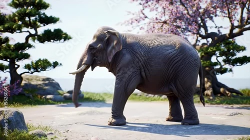 Majestic Elephant Walks in Park with Cherry Blossoms and Bonsai Trees in Clear Sky