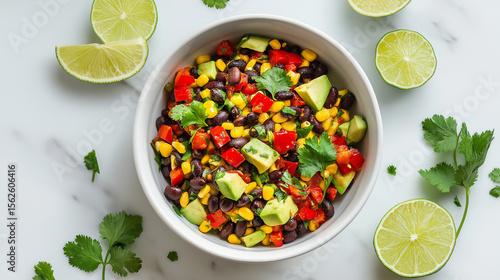 Colorful spicy black bean and corn salad with avocado, red bell pepper, cilantro, and lime, perfect for healthy vegan recipes, BBQs, and meal prep