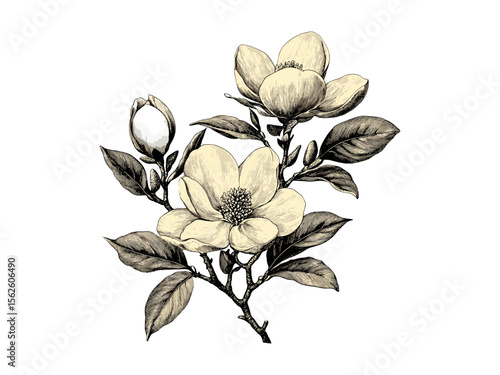 Hand-drawn Magnolia Tree vintage engraving, botanical floral print, magnolia flowers, spring decor, retro nature sketch, old engraving style, eco-friendly drawing, black ink art