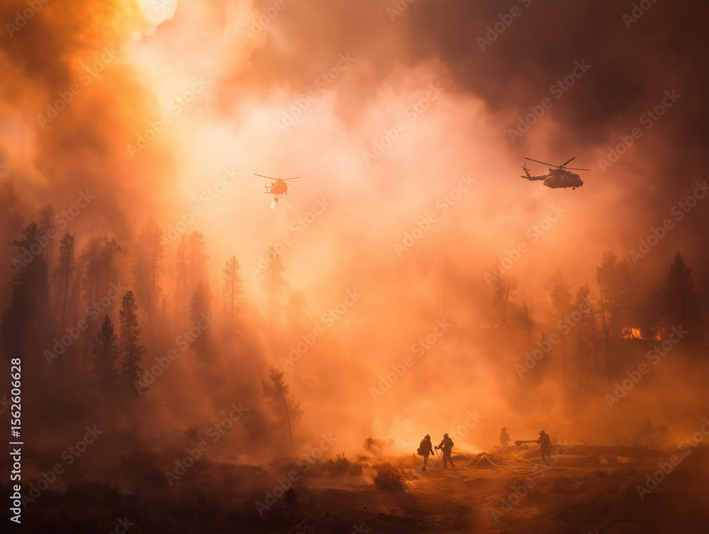 Fototapeta premium Wildfire Fighting Efforts Amid Forest Blaze and Thick Smoke