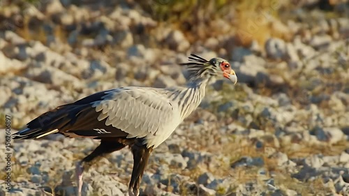 Majestic Secretary Bird Walking Across Rocky Terrain in Natural Habitat