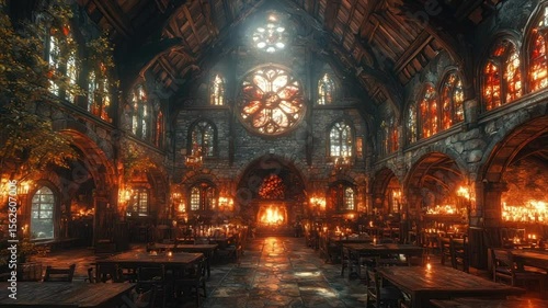 A grand, dimly lit stone hall with stained-glass windows, wooden tables, a fireplace, and hanging lanterns