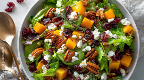 Festive holiday salad with mixed greens, roasted butternut squash, pecans, dried cranberries, and goat cheese, perfect for seasonal or celebration menus