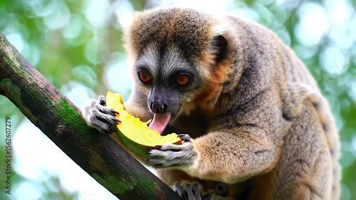 Monkey Eating Yellow Fruit on Branch in Jungle Setting with Bokeh Background