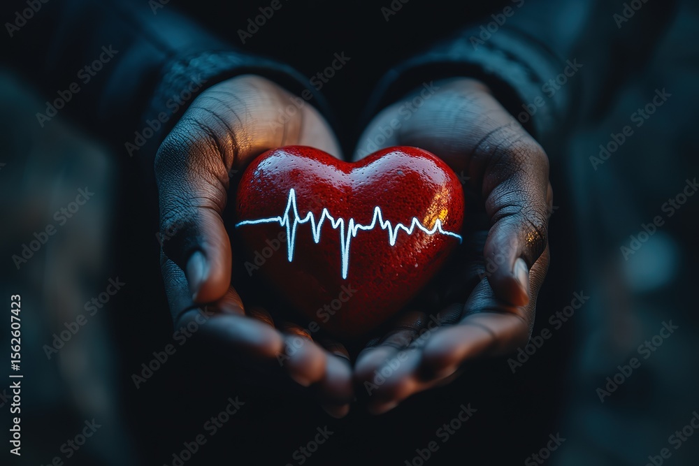Fototapeta premium Close-up of hands holding a red heart with a white electrocardiogram (ECG) line, focusing on the hand and finger details, with a blurred background.