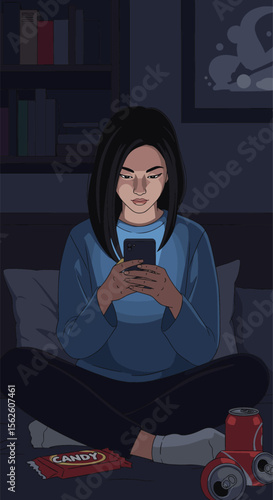 Young Woman Addicted to phone isolated on dark bedroom with junk food