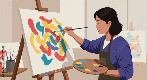 Young Asian Woman Painting on Canvas