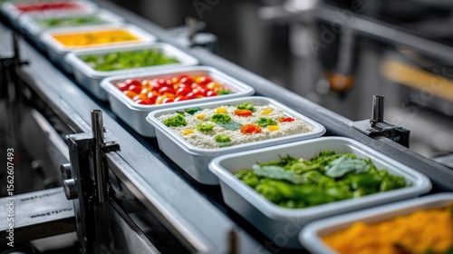 Sealed trays of microwaveable meals moving along a conveyor belt in a commercial food factory