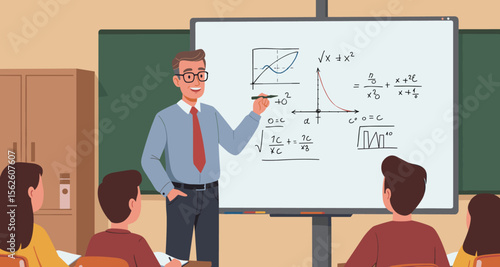 Male Teacher Explaining Math on Whiteboard to Students