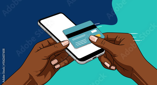 Mixed race hands Holding Phone for Credit Card Payment