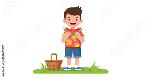 Joyful Boy Devours Watermelon Slice at Summer Picnic Vibrant Illustration.