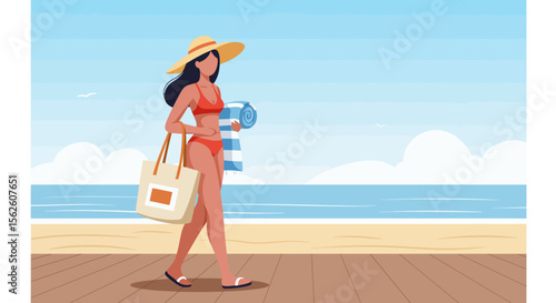 Woman in Swimsuit Walks Beach Pier Summer Day Relaxed Mood.