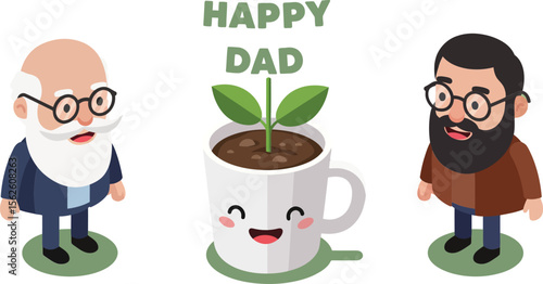 Happy dad celebration with two elderly men and smiling plant pot symbolizing fatherhood and family joy