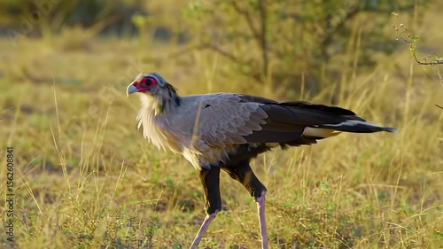 Secretary Bird Walking Through Golden Grassy Field in Natural Environment
