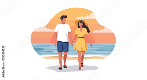 Couple Strolling Hand-in-Hand on Beach at Sunset Vector Illustration Flat Design.