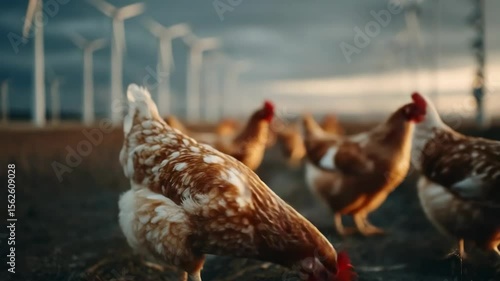 Chickens explore a vast field with wind turbines in the background during sunset. This tranquil outdoor setting highlights farm life and renewable energy Generative AI