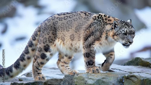 Snow Leopard Walking on Gray Rocks in a Snowy Habitat with a Spotted Light Gray Coat