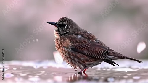 Speckled Plumage Starling Bird Standing on Wet Surface with Pink Blurred Background