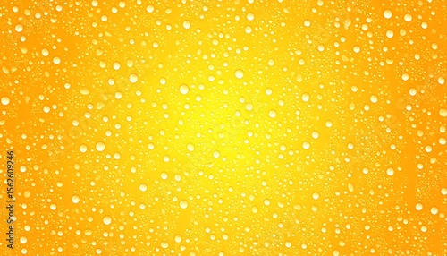 真夏の太陽を思わせる鮮やかな黄色の背景に無数の水滴が光り、冷たい飲み物の涼やかさと湿度の高い暑さを同時に表現する抽象的なテクスチャ。
