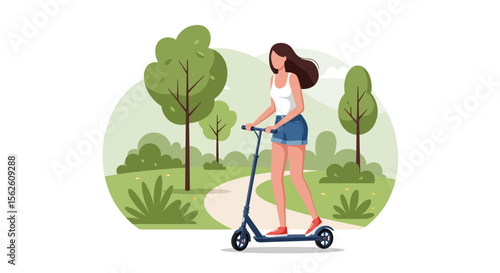 Young Woman Scooting in Park: Summer Fun Lifestyle Illustration Vector Art.