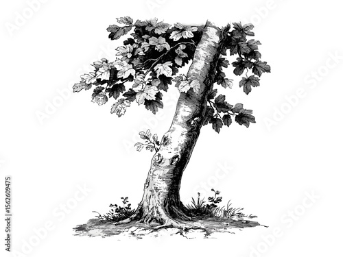 Maple Tree Trunk Hand-Drawn Vintage Engraving, Botanical Illustration, Rustic Tree Decor, Eco-Friendly Print, Black Sketch, Old Engraving Style, Woodland Wall Art, Nature Drawing, Retro Tree Poster