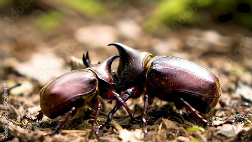 Two Brown Rhinoceros Beetles Fighting on Soil Ground with Blurred Green Background