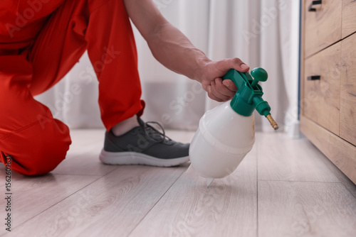 Pest control worker spraying insecticide at home, closeup