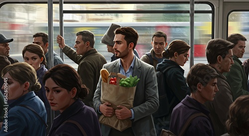 A man carrying groceries stands amidst a crowded commuter train, lost in thought during his evening commute.