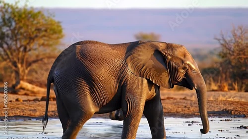 Two Elephants Wading in Water With a Savannah Backdrop Bathed in Sunlight
