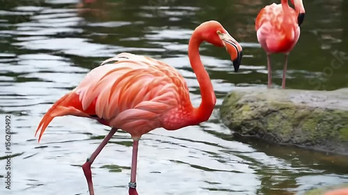 Vibrant Pink Flamingo Standing In Water With Other Flamingos Nearby