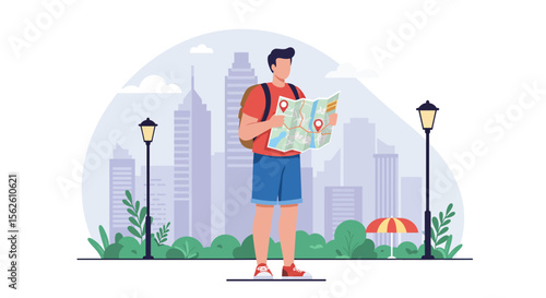 Urban Explorer: Young Man Navigating Cityscape with Detailed Map.