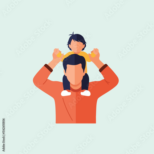 A father is happily carrying his toddler on his shoulders.