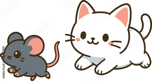 ネズミを追いかけるネコのイラスト