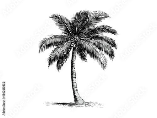 Vintage hand-drawn palm tree engraving, tropical botanical illustration, palm fronds sketch, retro beach decor, eco-friendly nature print, old engraving style, summer vibes art, coastal wall art
