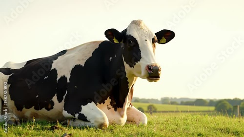 A Black and White Cow Resting Peacefully on Green Grass in Warm Sunlight Bathed