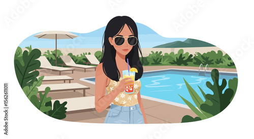 Stylish Woman at Poolside with Cocktail Summer Relaxation Illustration.