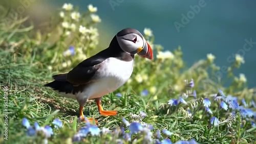 Atlantic Puffin Standing Amidst Wildflowers with Green Grass And Ocean Background