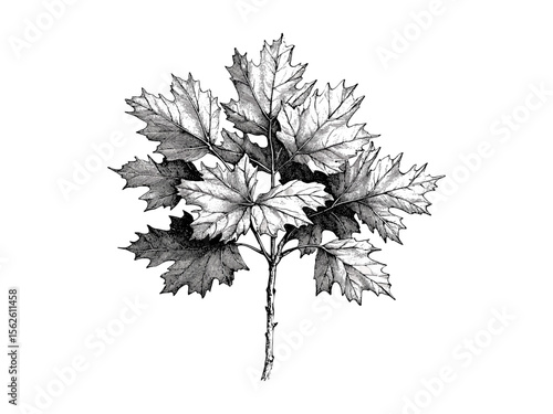 Vintage hand-drawn Paperbark Maple leaves, botanical engraving, rustic fall tree art, forest nature illustration, black sketch style, eco-friendly wall decor, autumn foliage, woodland art print