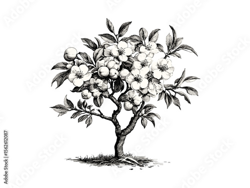 Vintage hand-drawn engraving of peach tree, botanical illustration, peach blossoms, spring tree, eco-friendly print, retro fruit tree decor, black sketch, old engraving style, rustic wall art