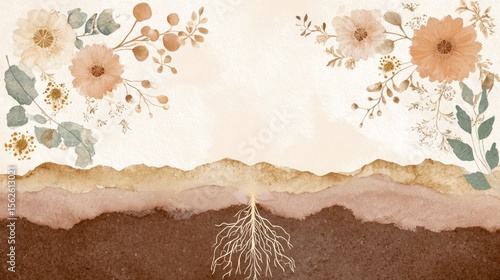 Fototapeta Naklejka Na Ścianę i Meble -  Floral roots in earthy tones