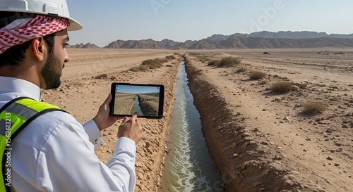 Desert Engineer Uses Tablet to Inspect Irrigation Canal, Surveying the Arid Landscape Under a Bright Sun.