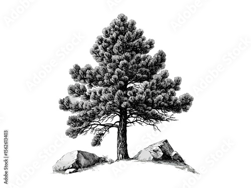 Ponderosa Pine Tree vintage engraving, botanical illustration, pine needles, eco-friendly print, rustic woodland decor, black sketch, retro forest art, nature tree drawing, rustic cabin wall art
